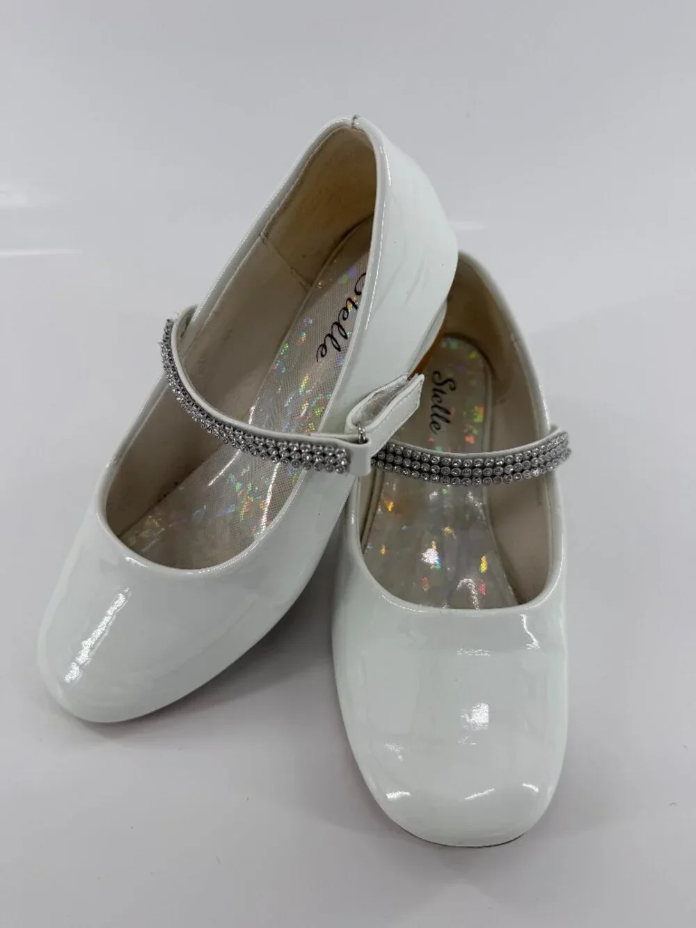 Stelle Girls White Mary Jane Dress Shoes Rhinestone Buckle Strap Flat Size 1